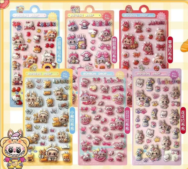 ラブブ（LABUBU） 3D立体エンボスシール｜ぷっくり実心｜可愛いキャラクター キッズ用 手帳デコステッカー