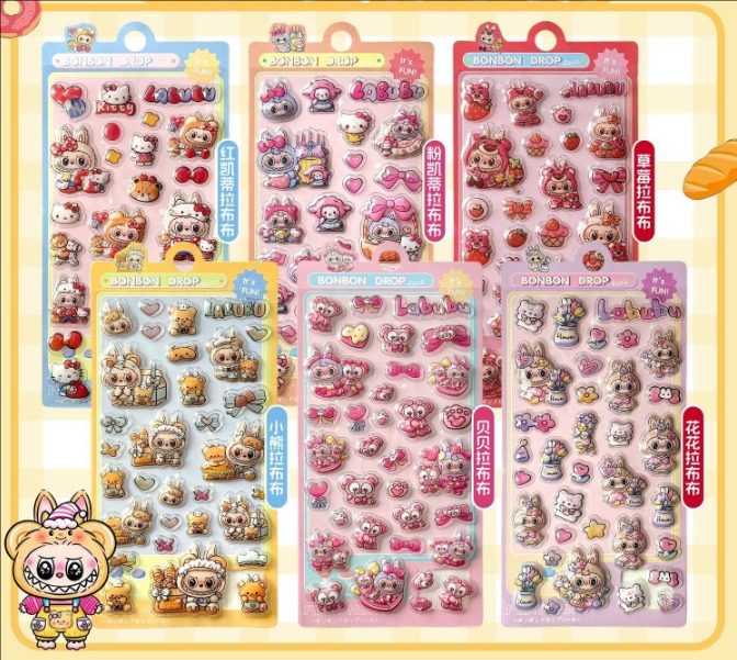 ラブブ（LABUBU） 3D立体エンボスシール｜可愛いキャラクター｜女の子向け スマホケース・水筒DIY デコステッカー