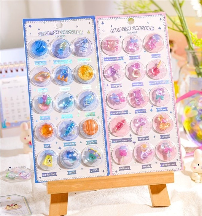 3Dカプセル宇宙船 立体クリスタルシール｜浮き彫りエンボス 創意図鑑風 子供向け 知育・工作 ご褒美ステッカー スマホ装飾